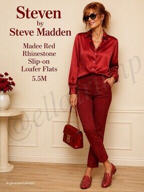 Steven by Steve Madden Madee Red Rhinestone Slip-on Loafer Flats 5.5M
